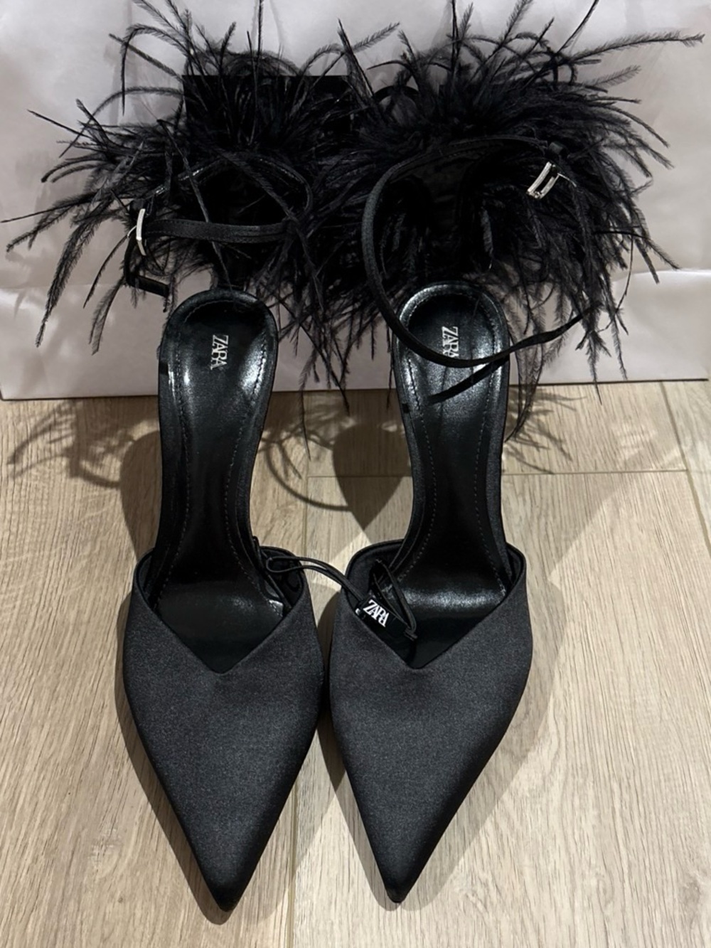 Zara Satin Black Feather Heels